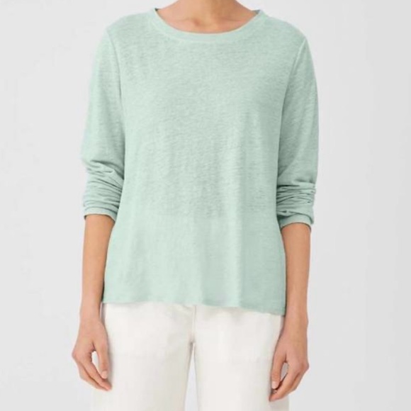 Eileen Fisher Top Womens Absinthe Linen Jersey Long Sleeve Crew Neck PM - Picture 2 of 8